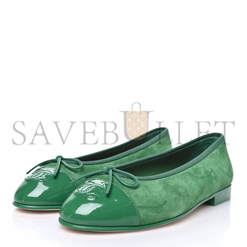 CHANEL SUEDE PATENT CAP TOE CC BALLERINA FLATS GREEN